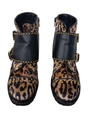 Lord & Taylor Leopard Print Studded Ankle Boots Combat Army Biker Footwear 8